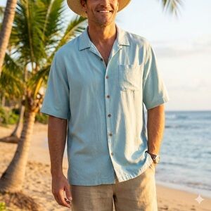 Tommy Bahama 100% Silk Camp Shirt XXL Original Fit Light Blue Palm Jacquard